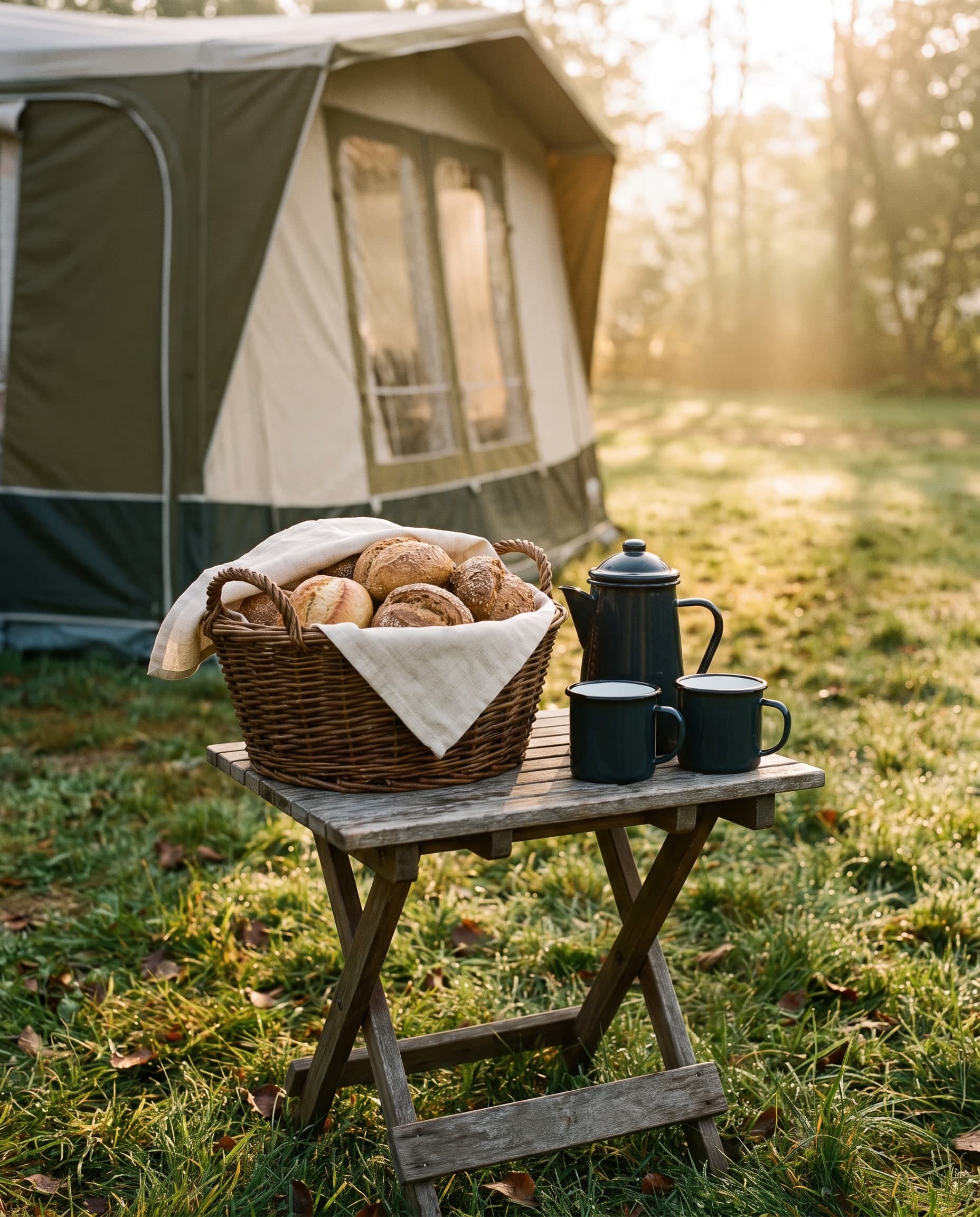 Beispielbild: Weidenkorb mit Brötchen und zwei Emaillebecher mit Kanne auf einem Holztischchen vor einem Zelt im Morgenlicht