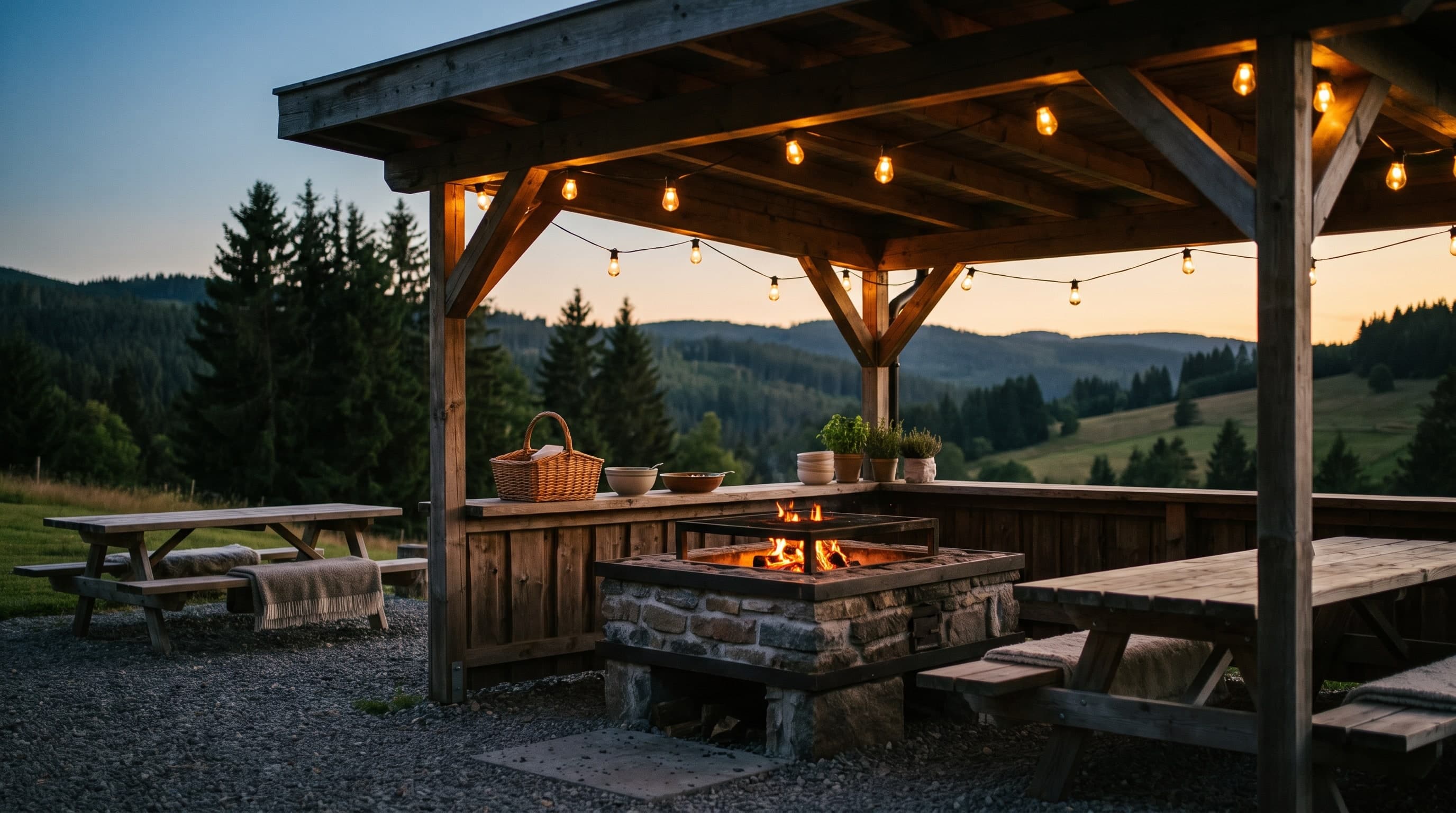 Beispielbild: Überdachter Grillplatz aus Holz mit Lichterkette und Feuerstelle am Abend, dahinter bewaldete Hügel