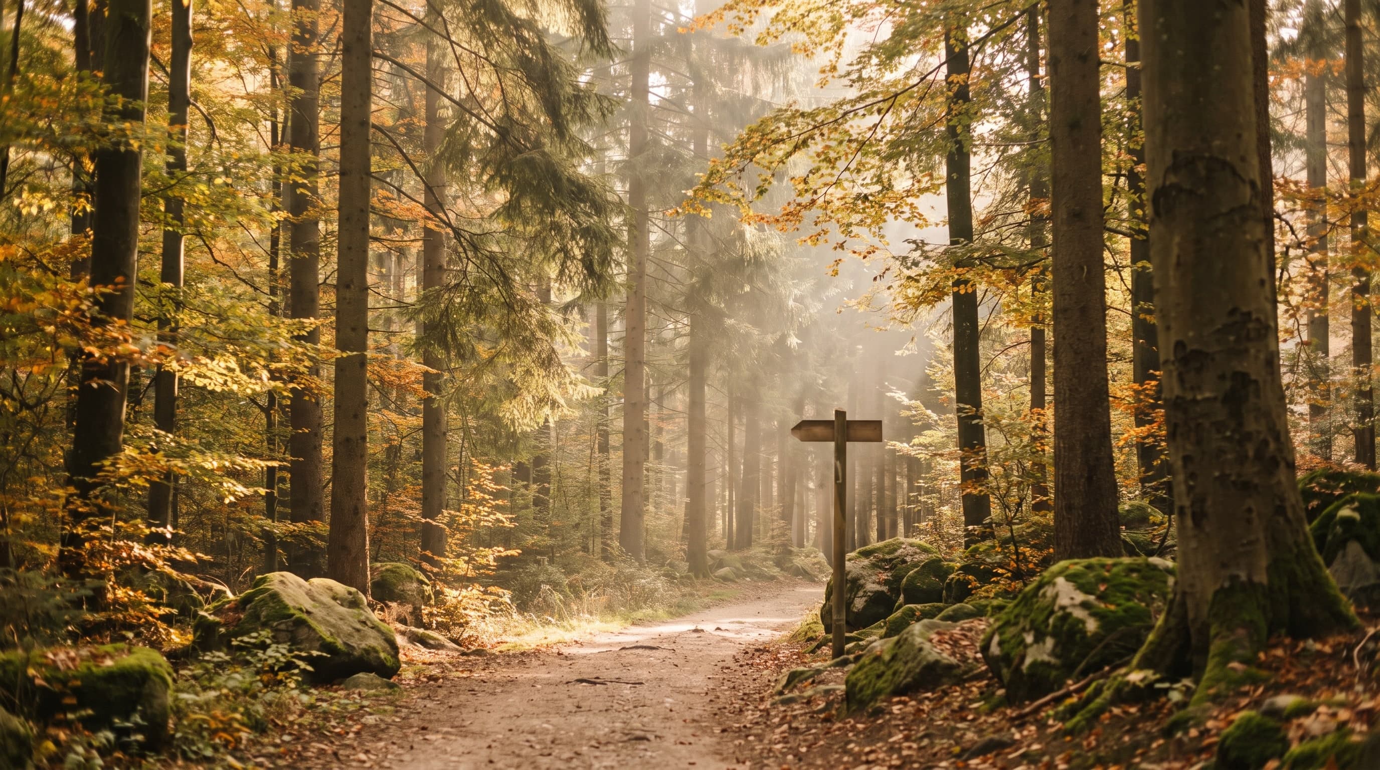 Beispielbild: Waldweg mit hölzernem Wegweiser zwischen hohen Buchen und Fichten im herbstlichen Gegenlicht